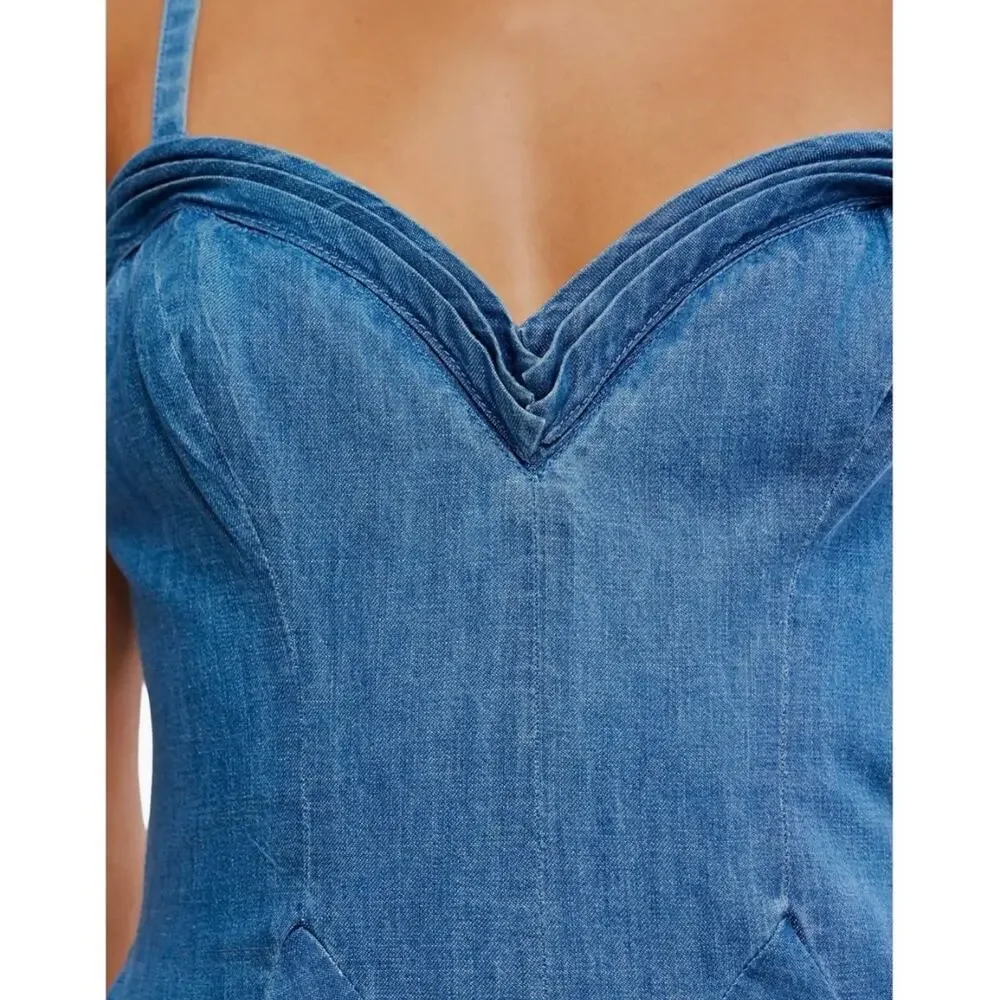 Free People Another Season Denim Dress Sweetheart Neck Ruffle Hem Cotton